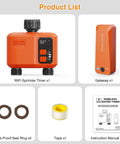 Product components including WiFi Sprinkler Timer, Gateway, seal rings, tape, and instruction manual for Smart WiFi Water Timer For Garden Hose With 984 Ft Range Two Zone Sprinkler Timer App And Remote Control Voice Control Rain Delay Manual Mode Lawn Sprinklers For Large Yards