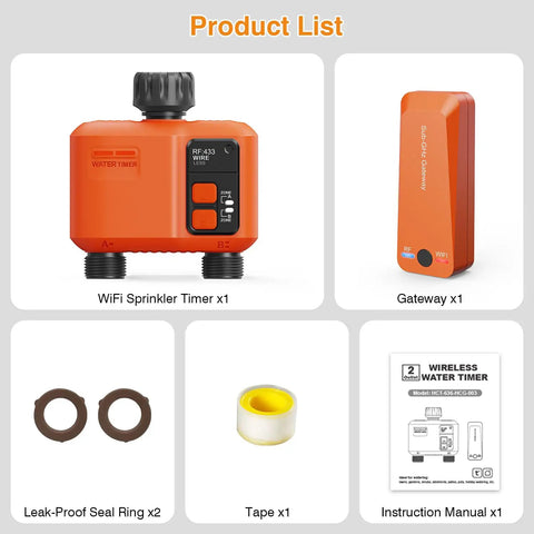 Product components including WiFi Sprinkler Timer, Gateway, seal rings, tape, and instruction manual for Smart WiFi Water Timer For Garden Hose With 984 Ft Range Two Zone Sprinkler Timer App And Remote Control Voice Control Rain Delay Manual Mode Lawn Sprinklers For Large Yards