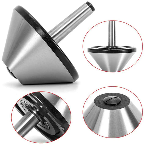 Heavy Duty Bull Nose Live Center For Lathe And Milling With 3MT Morse Taper Alloy Steel Construction Heat Treated RC 60 62 Triple Ball Bearing Ideal For Large Hollow Work Like Pipes And Tubes, front and close-up views.