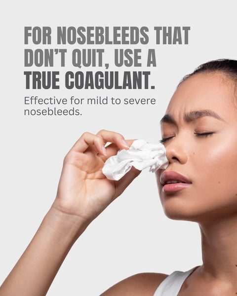 BleedStop Nosebleed Strips foam inserts for rapid clotting; front-view of woman pressing tissue to her nose.