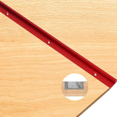 Badass 2 Pack Aluminum T Track 15.75 Inch 3/4 Universal Double Cut Design With Pre Drilled Mounting Holes And Wood Screws For Woodworking Jigs Drill Press Tables And Shop Fixtures Glides Smooth on wood surface with metal detail.