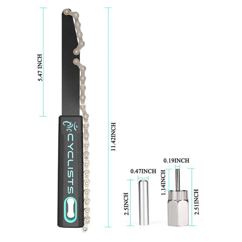 Pro Grade Cassette Removal Tool Kit With Chain Whip And Lockring Tool 5mm And 12mm Guide Pins Fits Shimano HG Freewheel Cassettes Easy Gear Maintenance For Quick Clean And Replacement showing chain whip dimensions and guide pins