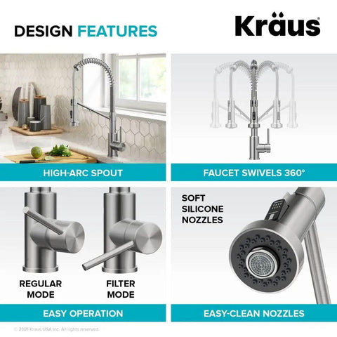 Design features of Heavy Duty Stainless Steel Pull Down Kitchen Faucet With Built In Water Filter showcasing high-arc spout and 360° swivel.