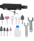 Badass Pneumatic Die Grinder Kit Delivering Killer Torque At Twenty Five Thousand Rpm For Heavy Duty Metal Polishing Cutting And Weld Repair On Glass Ceramics And Plastics With Pro Shop Control, including grinder and various bits.