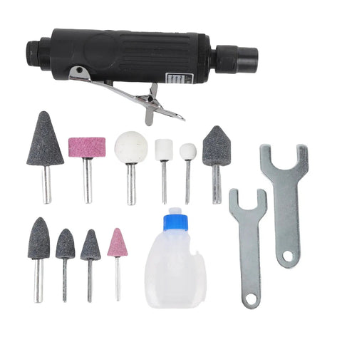 Badass Pneumatic Die Grinder Kit Delivering Killer Torque At Twenty Five Thousand Rpm For Heavy Duty Metal Polishing Cutting And Weld Repair On Glass Ceramics And Plastics With Pro Shop Control, including grinder and various bits.