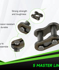 Minibike chain master-link kit, 5 links; metal alloy, corrosion-resistant, easy to disassemble.