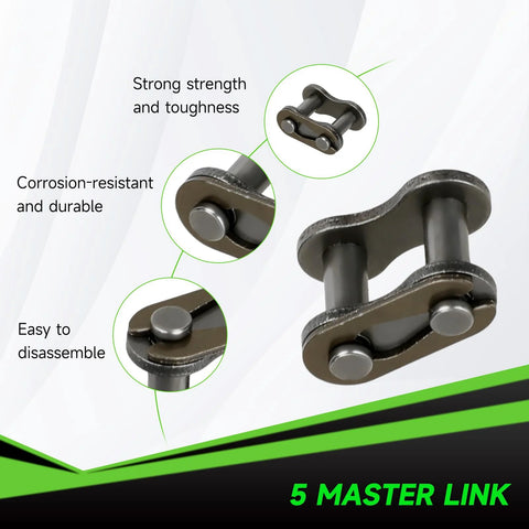Minibike chain master-link kit, 5 links; metal alloy, corrosion-resistant, easy to disassemble.