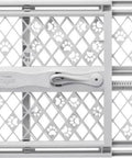Slick Expandable Portable Pet Gate For Doorways Features No Sweat Pressure Mount Installation Fits 26 To 40 Inches Wide And Stands 23 Inches Tall For Solid Indoor Dog And Baby Door Blocker In Light Gray, showcasing intricate paw print design.