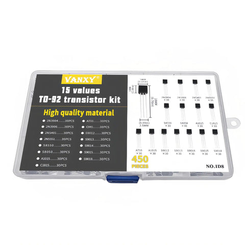450 Piece TO 92 Transistor Kit With 15 Dope Values Including 2N3904 2N3906 2N5401 in clear plastic storage box