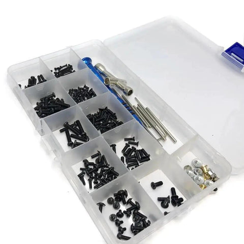 Drop Dead Awesome Carbon Fiber Screw Fastener Kit With Cross Sleeve Hex Swing Arm Pins For 144001 And 124016 Series in a storage container.