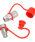 Badass Flat Face Hydraulic Quick Coupler Set 1 4In Npt Iso16028 Carbon Steel Connectors Zinc Coated For Excavators Works On Rigs Daily No Leaks At High Pressure Reliable Power Transfer Gear For Mechanics To Fix Stuff Fast And Real Hardcore Use, shown with red dust caps