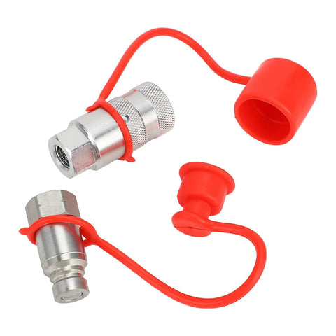 Badass Flat Face Hydraulic Quick Coupler Set 1 4In Npt Iso16028 Carbon Steel Connectors Zinc Coated For Excavators Works On Rigs Daily No Leaks At High Pressure Reliable Power Transfer Gear For Mechanics To Fix Stuff Fast And Real Hardcore Use, shown with red dust caps