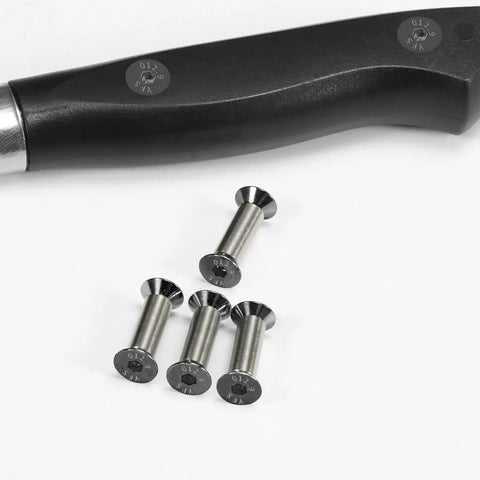 10 Packs M4 Hex Flat Head Screws And Rivets Kit shown with black knife handle for blade assembly DIY knife making