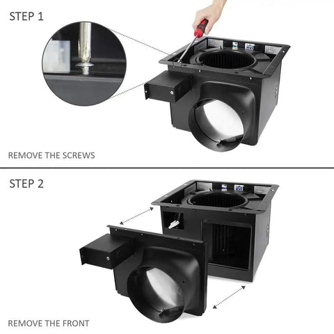 Ultra Quiet 140 CFM Bathroom Exhaust Fan With 1.0 Sone Operation 6 Inch Duct For Rooms Up To 140 Sq Ft Stainless Steel Energy Saving Ventilation UL Listed No Attic Access HVI 2100 Certified assembly steps showing screws and front panel removal.