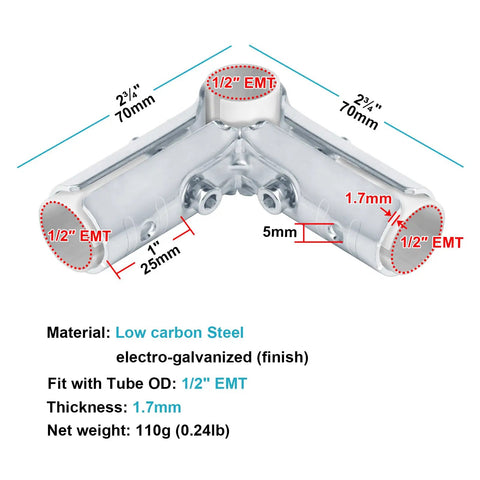 Three Way 90 Degree Pipe Cross Connector Clamps For One Half Inch EMT Conduit With PE Adapter Shims, Bolts And Nuts Included, 12 Sets, Carbon Steel Electrogalvanized, 1.7 mm Thick Embedding Max 1 Inch diagram