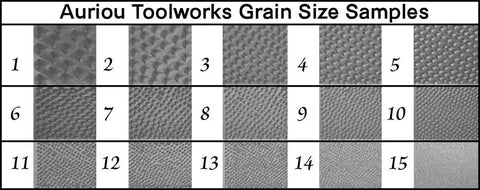 Auriou Toolworks grain size samples chart for woodworking with image showing grain textures from 1 to 15.