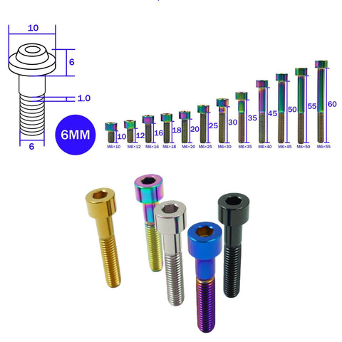 Heavy Duty Titanium M6 Hex Socket Cap Screws Gold Plated 1.0mm Thread Pitch, Boss Grade, various lengths displayed with diagram