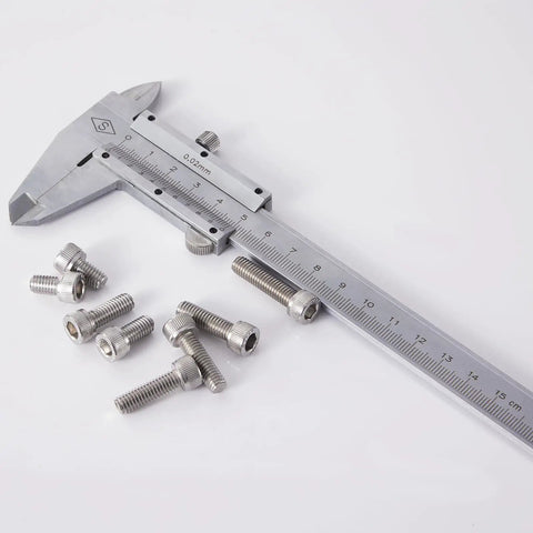 Caliper measuring Beefy M6 Socket Head Cap Screws Set in 304 Stainless Steel, Fully Threaded, Bright Finish, Metric Allen Hex Drive