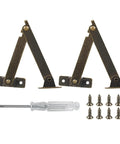 Antique Bronze Folding Lid Stay Hinges 2 Pack Left Side Lift Up For Furniture Cabinets, shown with screws and screwdriver