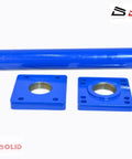 Side view of blue DURASOLID axle bearing puller with long threaded shaft, flange, and two blue square mounting plates.
