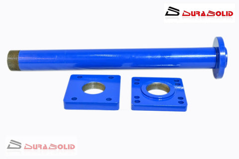 Side view of blue DURASOLID axle bearing puller with long threaded shaft, flange, and two blue square mounting plates.