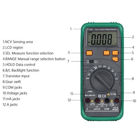MS8268 Series Digital Multimeter Auto Manual Range for AC DC Voltage, Current and Resistance With Audible Alarm and Bright Light Alerts