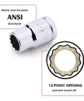 Chrome 12-point metric socket showing ANSI standards compliance, part of Ten Piece One Quarter Inch And Three Eighths Inch Drive Deep And Shallow Metric Sockets Set In CR V Steel With Mirror Finish Six Point And Twelve Point Extra Long Reach For Max Torque.