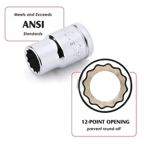 Chrome 12-point metric socket showing ANSI standards compliance, part of Ten Piece One Quarter Inch And Three Eighths Inch Drive Deep And Shallow Metric Sockets Set In CR V Steel With Mirror Finish Six Point And Twelve Point Extra Long Reach For Max Torque.