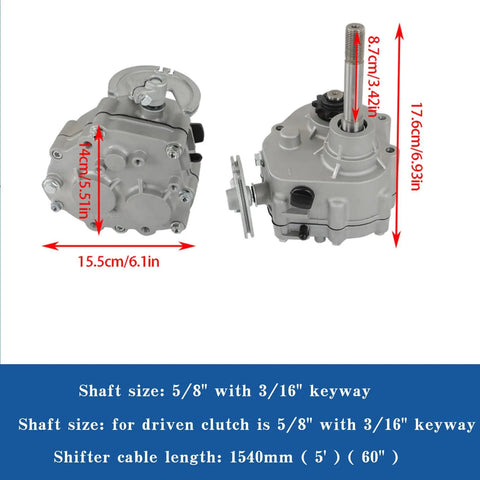 Beefed Up Go Kart Forward Reverse Gearbox With Snappy Three Speed Shifts featuring dimensions of 15.5cm x 14cm x 17.6cm.