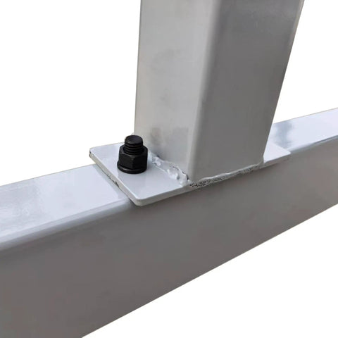 Close-up of a steel frame joint on the Beefed Up Heavy Duty Gantry Crane 2000 Lb Portable Lift With Trolley Hoist And Rigging Kit.