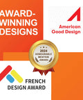 Collage of design awards, including American Good Design, French Design Award, and 2024 Honourable Mention Award badge.