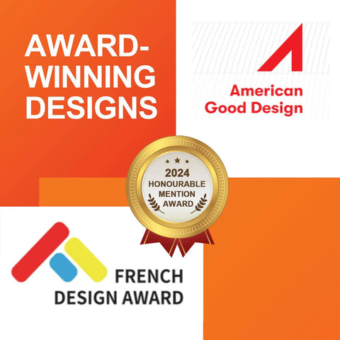 Collage of design awards, including American Good Design, French Design Award, and 2024 Honourable Mention Award badge.