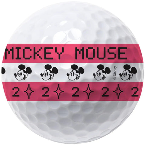 Close-up of Limited Edition Mickey Mouse Digiverse Vista3 Golf Ball with red stripe and Mickey Mouse designs.