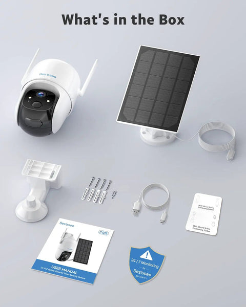 Contents of Solar Powered Outdoor Security Camera Wire-Free No Fuss 2K 360 Degree PTZ With 2.4GHz Wireless, accessories shown