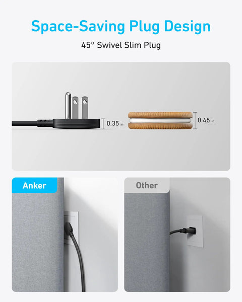 Ultra Slim 8 In 1 USB C Charging Station With 20W Max Power Four AC Outlets Two USB C Ports Two USB A Ports Five Foot Cord Fast Desktop Charger For iPhone And MacBook Air Pro Travel Ready Office Friendly showing space-saving plug design with swivel slim plug.