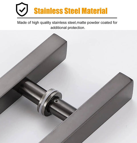 Close-up of Black 47 Inch Stainless Steel Sliding Barn Door Pull Handle With Install Tools, showing rust resistant 304 stainless steel.