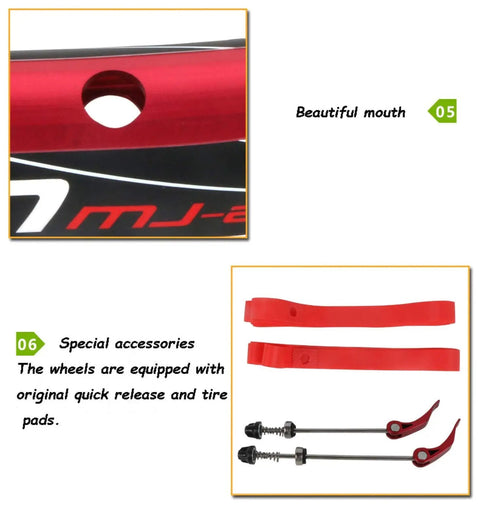 Close-up of 26 Inch Ride Ready Bicycle Wheel Set With Double Deck Rim Aluminum Alloy, quick release and tire pads shown.