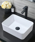 Rectangular Vessel Sink With Matte Black Faucet And Pop Up Drain 16 By 12 Inch Above Counter White Porcelain Ceramic Bathroom Basin Dope Combo