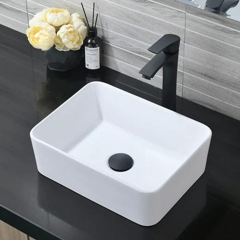 Rectangular Vessel Sink With Matte Black Faucet And Pop Up Drain 16 By 12 Inch Above Counter White Porcelain Ceramic Bathroom Basin Dope Combo