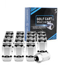 Chrome Golf Cart Lug Nuts 1/2-20 Thread Fits EZGO And Club Car Wheels 16 Pack displayed with packaging