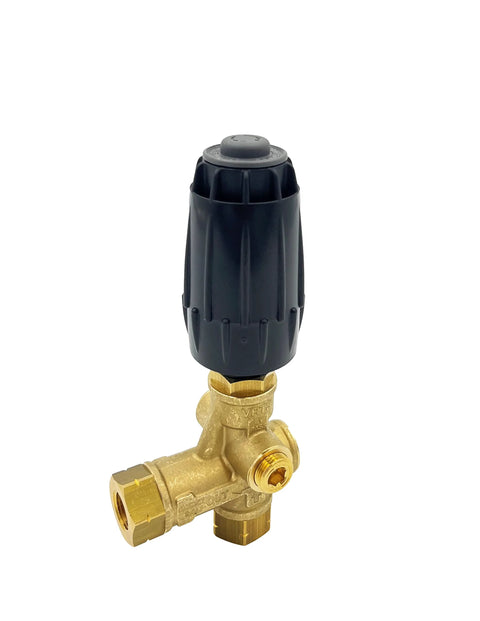 Brass pressure washer unloader valve with black plastic adjustment knob, 4500 PSI, 10.5 GPM