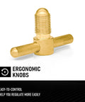 Close-up of ergonomic T handle for Acetylene Regulator CGA-200 with rear inlet and 9/16-18 outlet hose connector for welding gas.