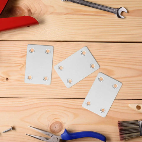 Stainless Steel Flat Corner Brackets 30 Pack For Furniture Repair And Shelf Support shown with tools on a wooden background