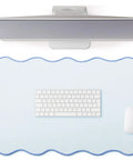 Scalloped Desk Pad With Edge Stitching Large Nonslip Waterproof Table Mat Blue 31.5 x 15.8 Inches shown with keyboard and mouse