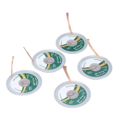 5 Piece Solder Wick Set For Electronics Repair, Alloy Copper Desoldering Braid In 1.5mm To 3.5mm Widths displayed on white background