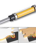 FTVOGUE Flush Trim Router Bit With Top And Bottom Bearings For 1/4 Inch Shank, detailed view highlighting edge trimming on wood.
