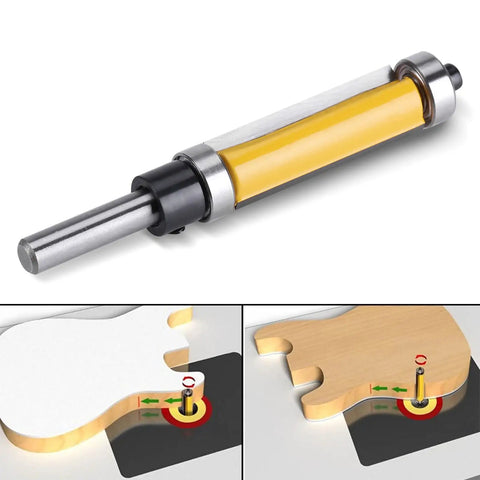 FTVOGUE Flush Trim Router Bit With Top And Bottom Bearings For 1/4 Inch Shank, detailed view highlighting edge trimming on wood.