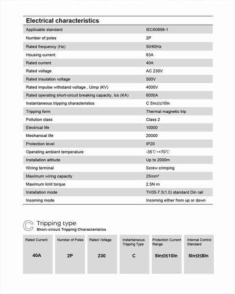 Pro Grade Heavy Duty 40 Amp 2 Pole Din Rail Mount Leakage Protection Miniature Circuit Breaker Ac 230V specifications chart with technical details.