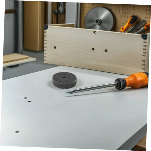 Durable 6 Pcs Nylon Polishing Wheel Set With 10mm Hole For Bench Grinder on a workbench with tools and a screwdriver.