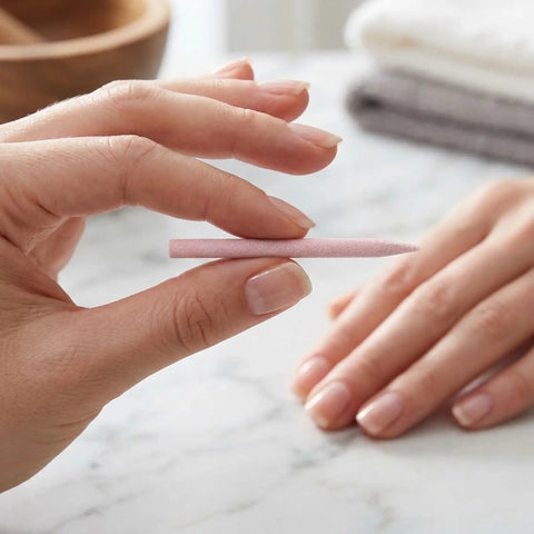 Stone Nail File Set With Pumice Stick And Cuticle Pusher For Fingernails And Toenails Care being used on hands, pink tool visible